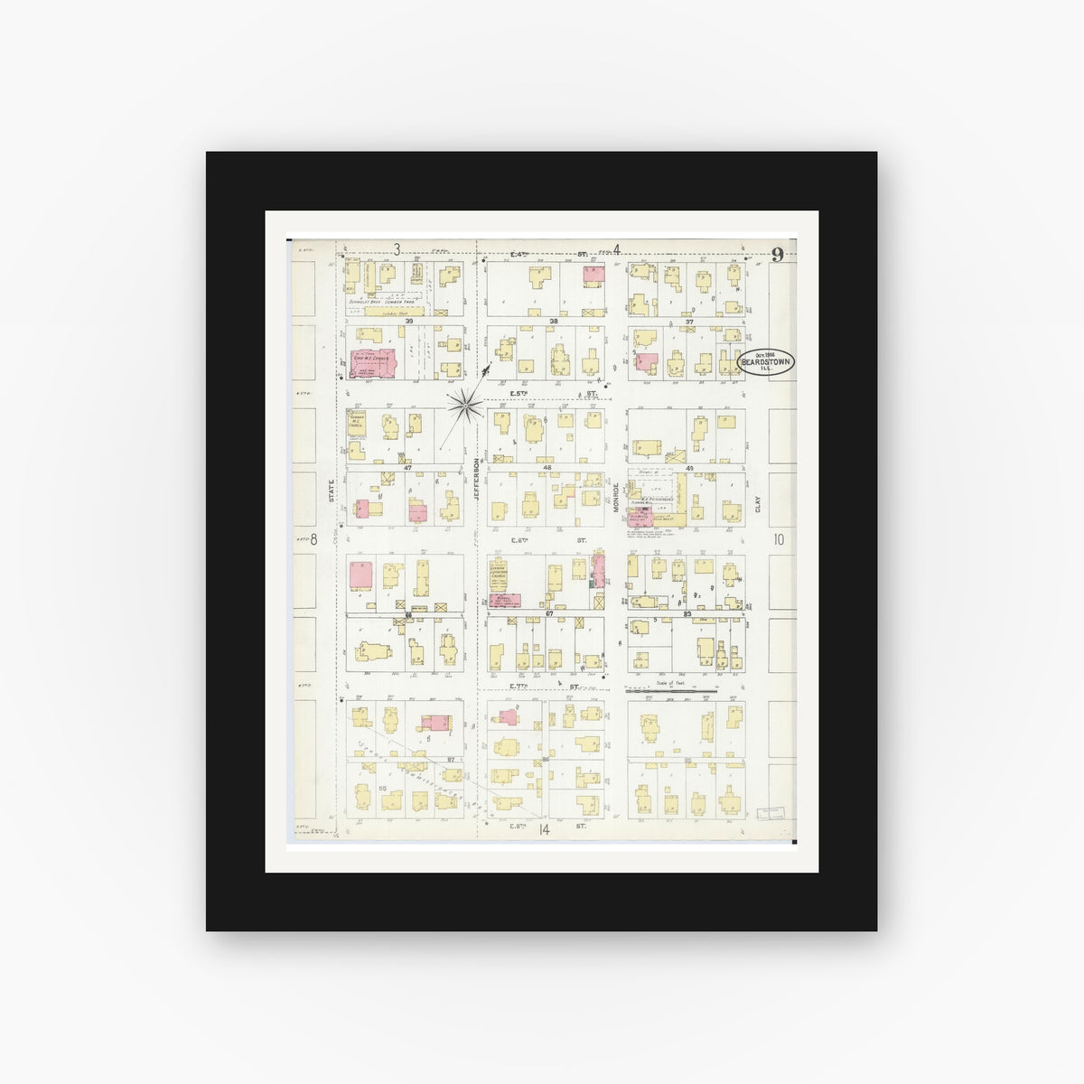 Old map wall art mockup — black gallery frame with white mat — Sanborn Fire Insurance Map from Beardstown, Cass County, Illinois (1906), Sheet #0009