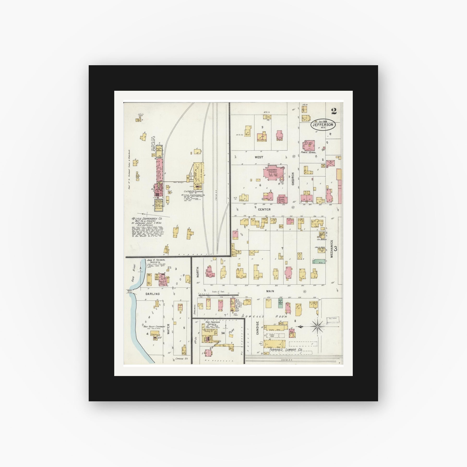 Old map wall art mockup — black gallery frame with white mat — Sanborn Fire Insurance Map from Jefferson, Jefferson County, Wisconsin (1898), Sheet #0002
