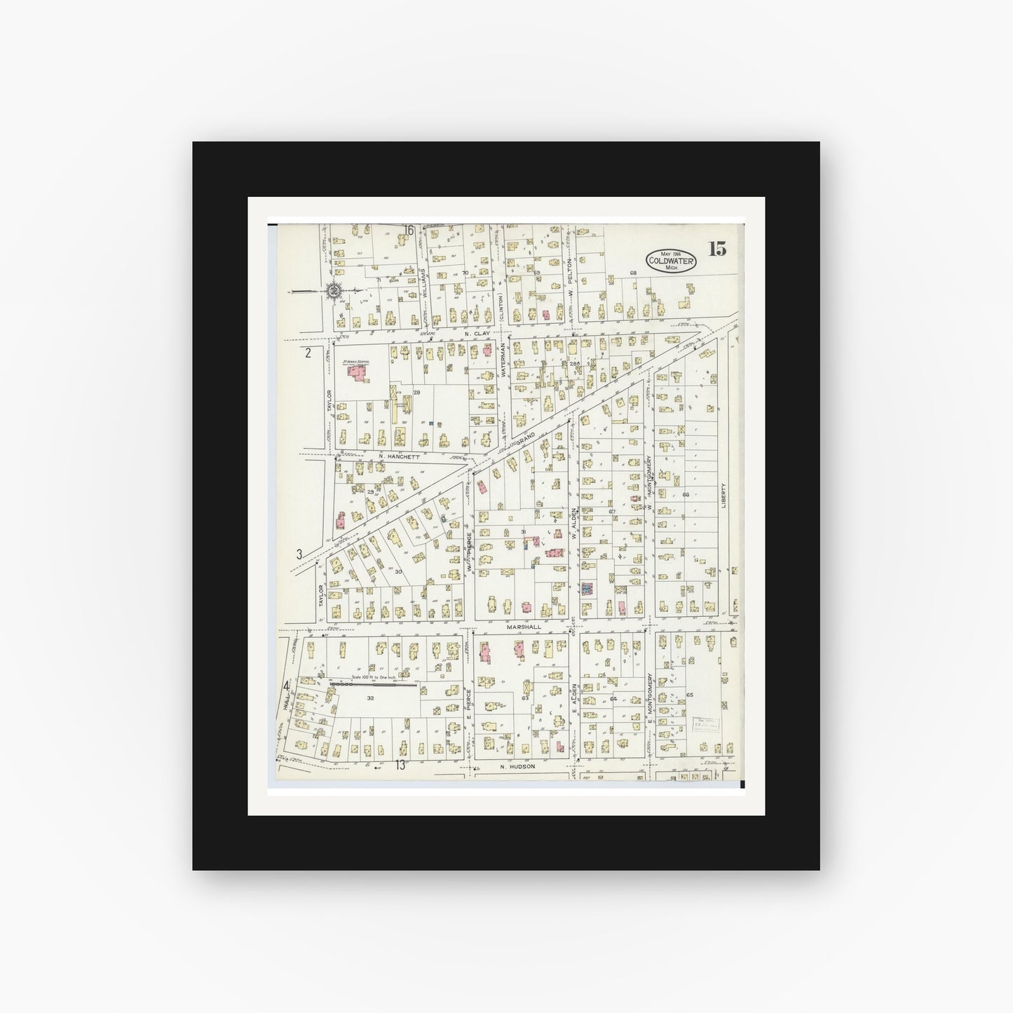 Old map wall art mockup — black gallery frame with white mat — Sanborn Fire Insurance Map from Coldwater, Branch County, Michigan (1914), Sheet #0015