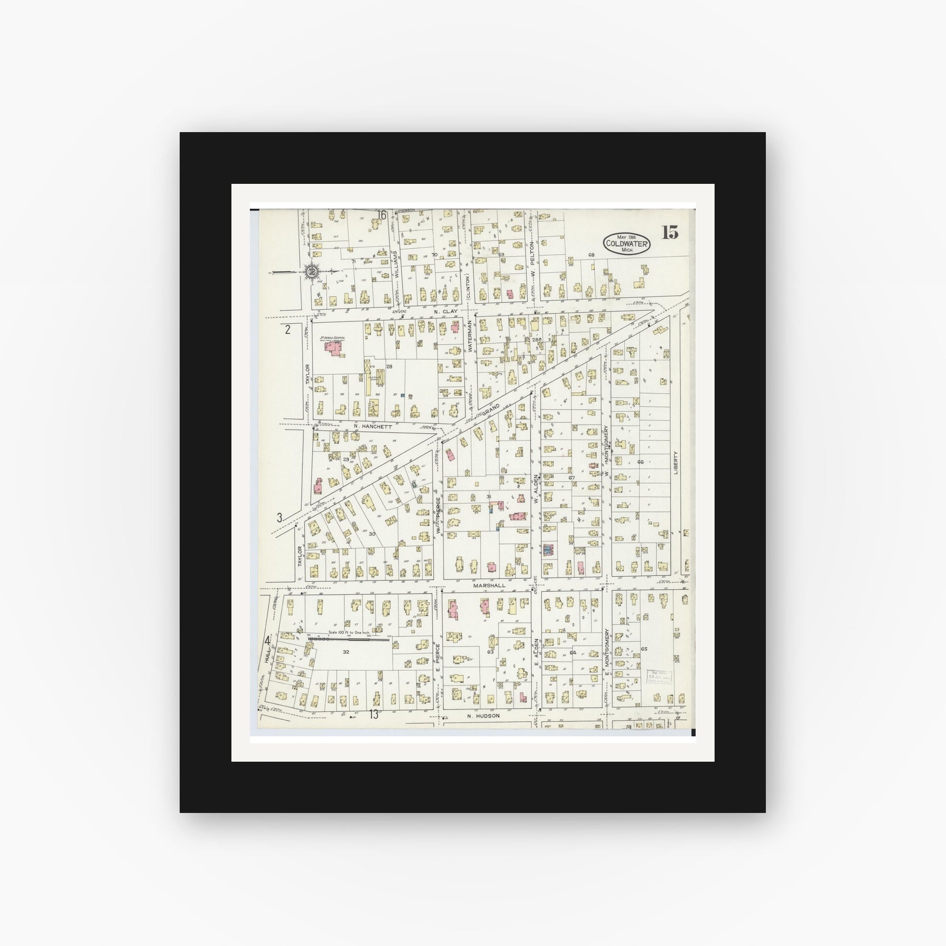 Old map wall art mockup — black gallery frame with white mat — Sanborn Fire Insurance Map from Coldwater, Branch County, Michigan (1914), Sheet #0015