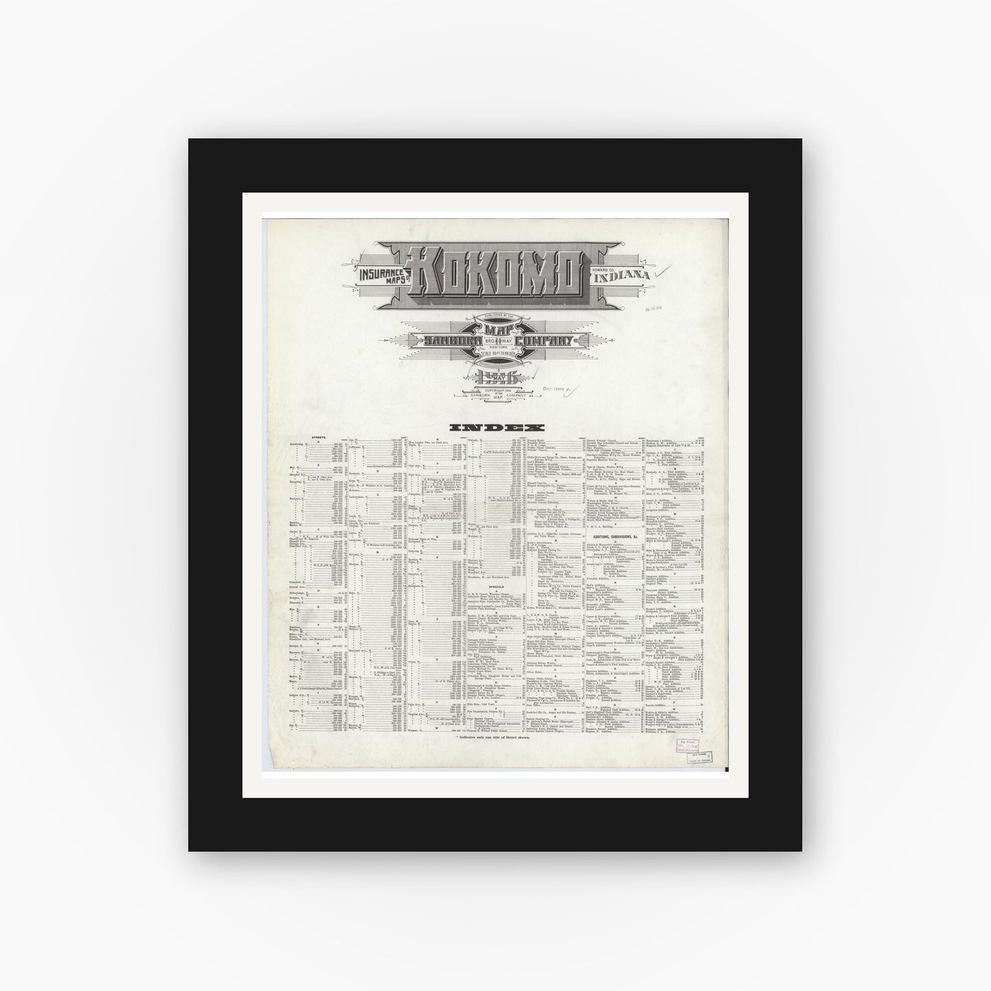 Old map wall art mockup — black gallery frame with white mat — Sanborn Fire Insurance Map from Kokomo, Howard County, Indiana (1916), Sheet #0001