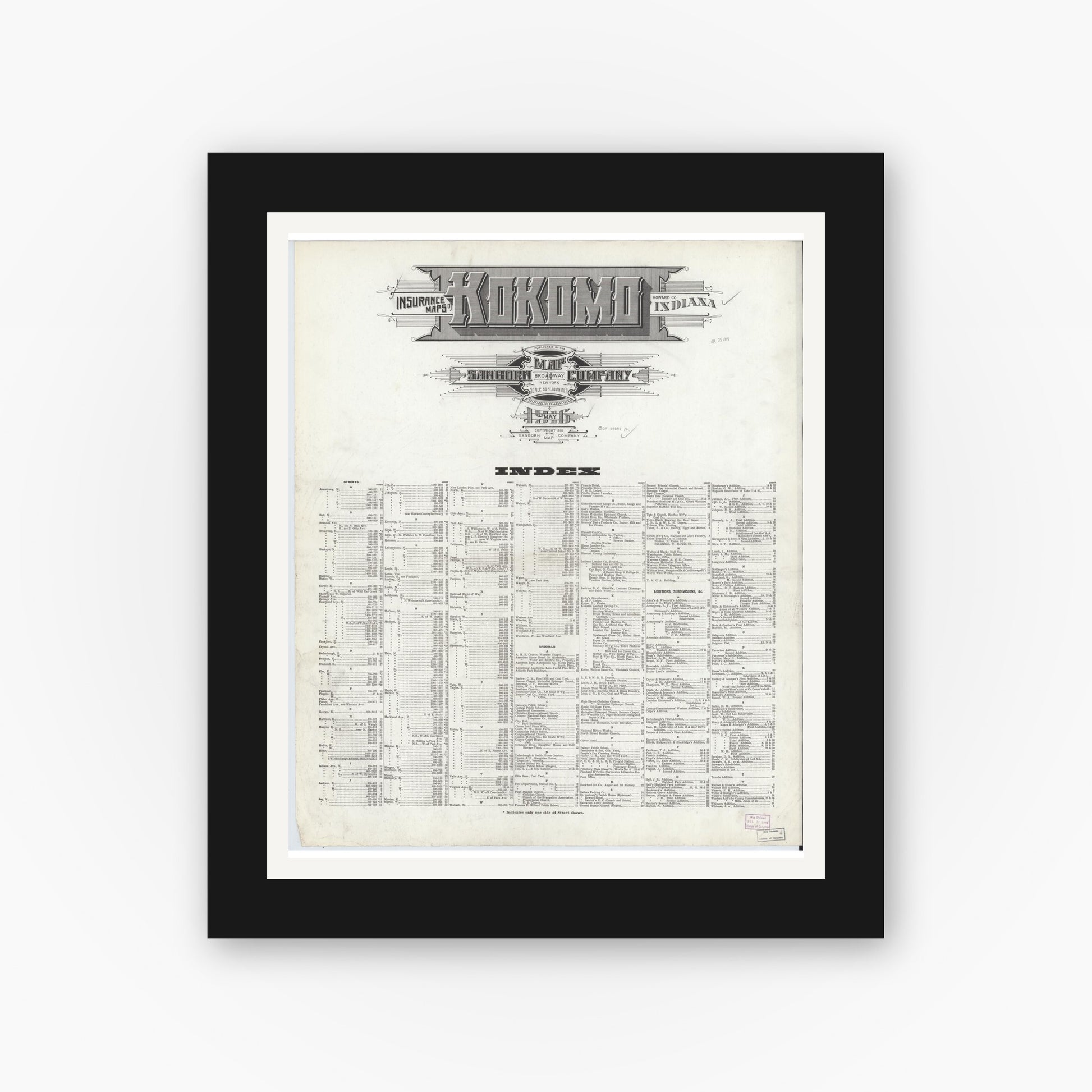 Old map wall art mockup — black gallery frame with white mat — Sanborn Fire Insurance Map from Kokomo, Howard County, Indiana (1916), Sheet #0001