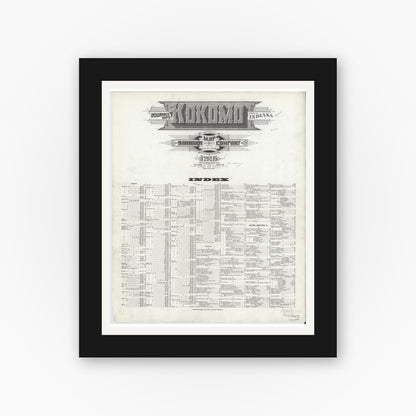 Old map wall art mockup — black gallery frame with white mat — Sanborn Fire Insurance Map from Kokomo, Howard County, Indiana (1916), Sheet #0001