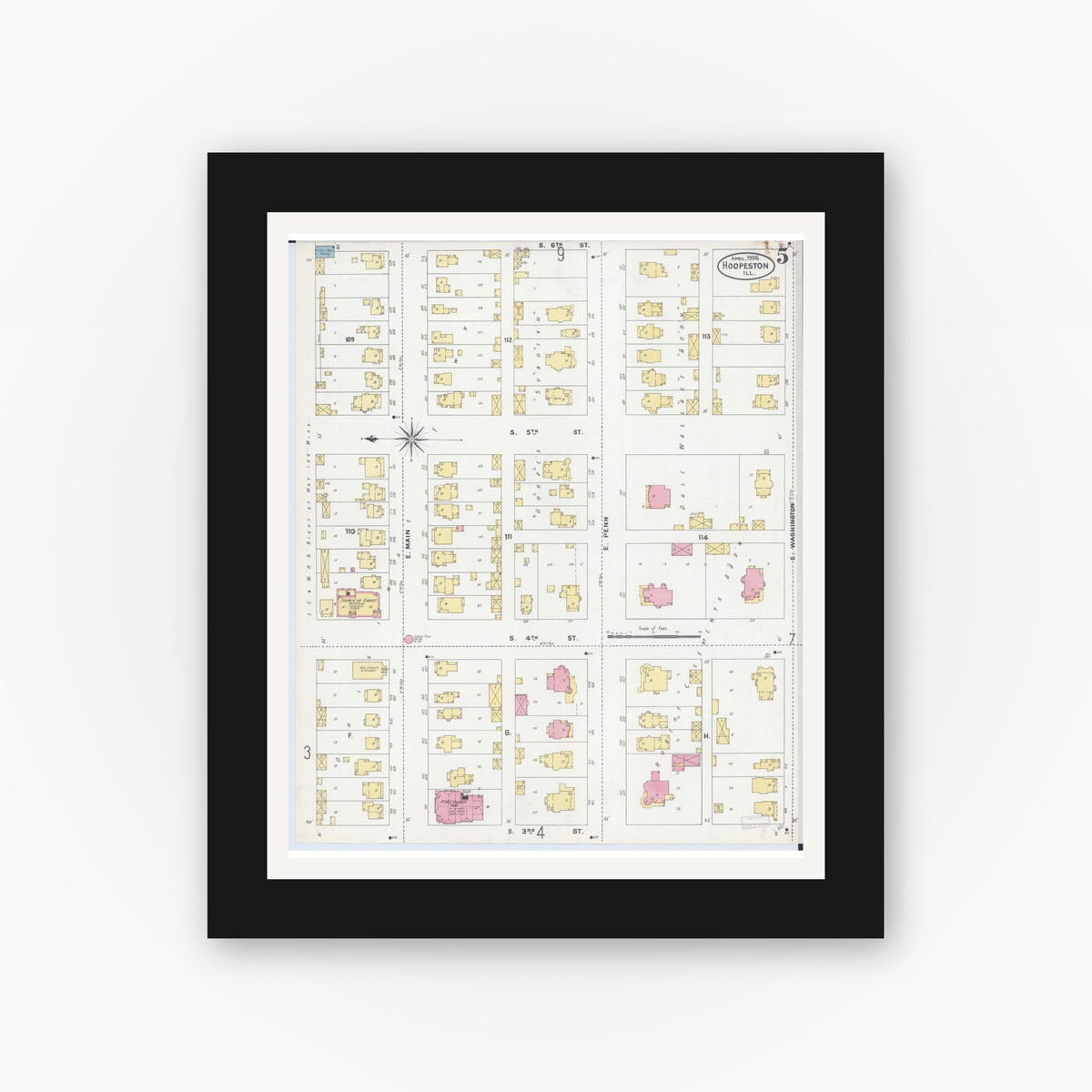 Old map wall art mockup — black gallery frame with white mat — Sanborn Fire Insurance Map from Hoopeston, Vermilion County, Illinois (1906), Sheet #0005