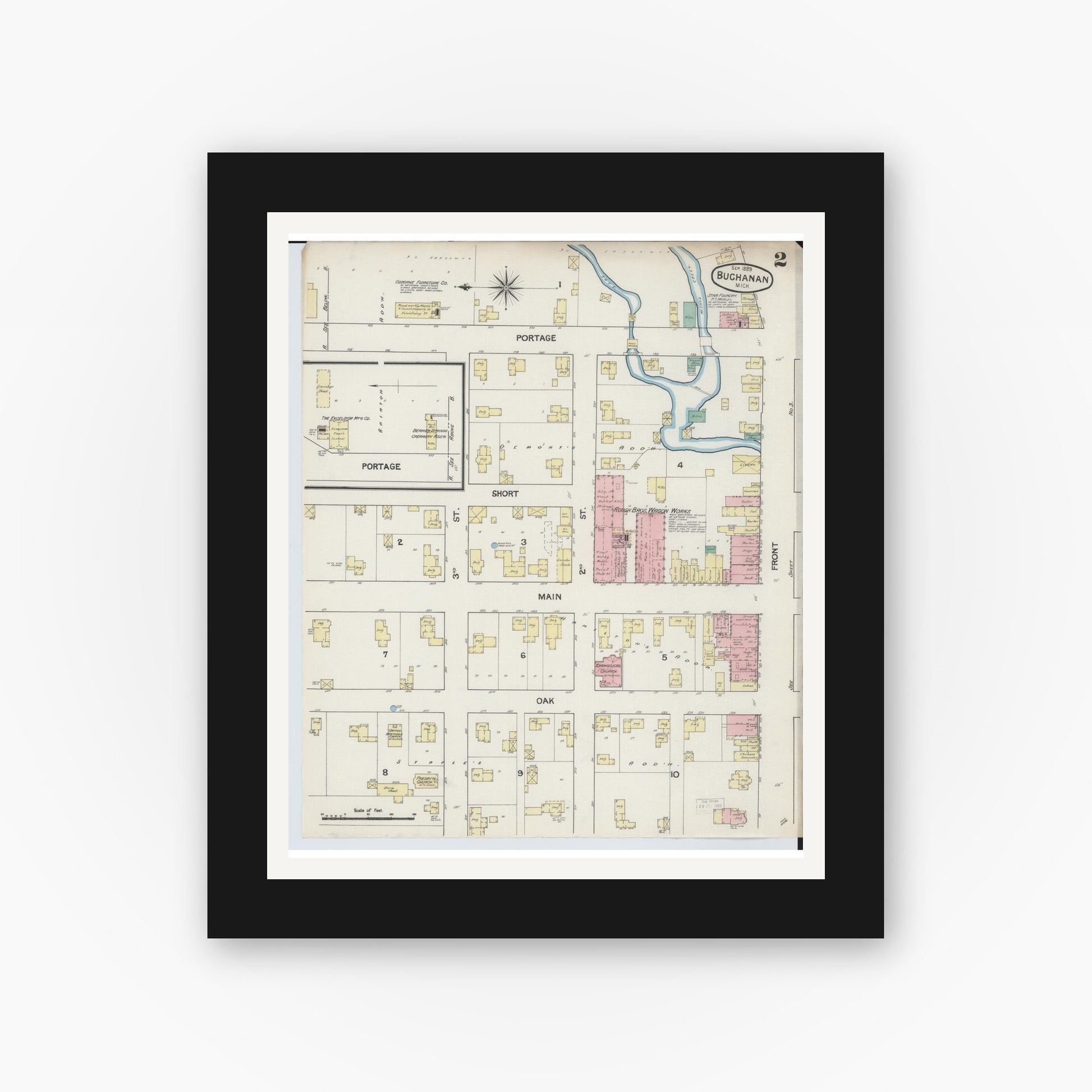 Old map wall art mockup — black gallery frame with white mat — Sanborn Fire Insurance Map from Buchanan, Berrien County, Michigan (1889), Sheet #0002