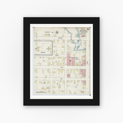Old map wall art mockup — black gallery frame with white mat — Sanborn Fire Insurance Map from Buchanan, Berrien County, Michigan (1889), Sheet #0002