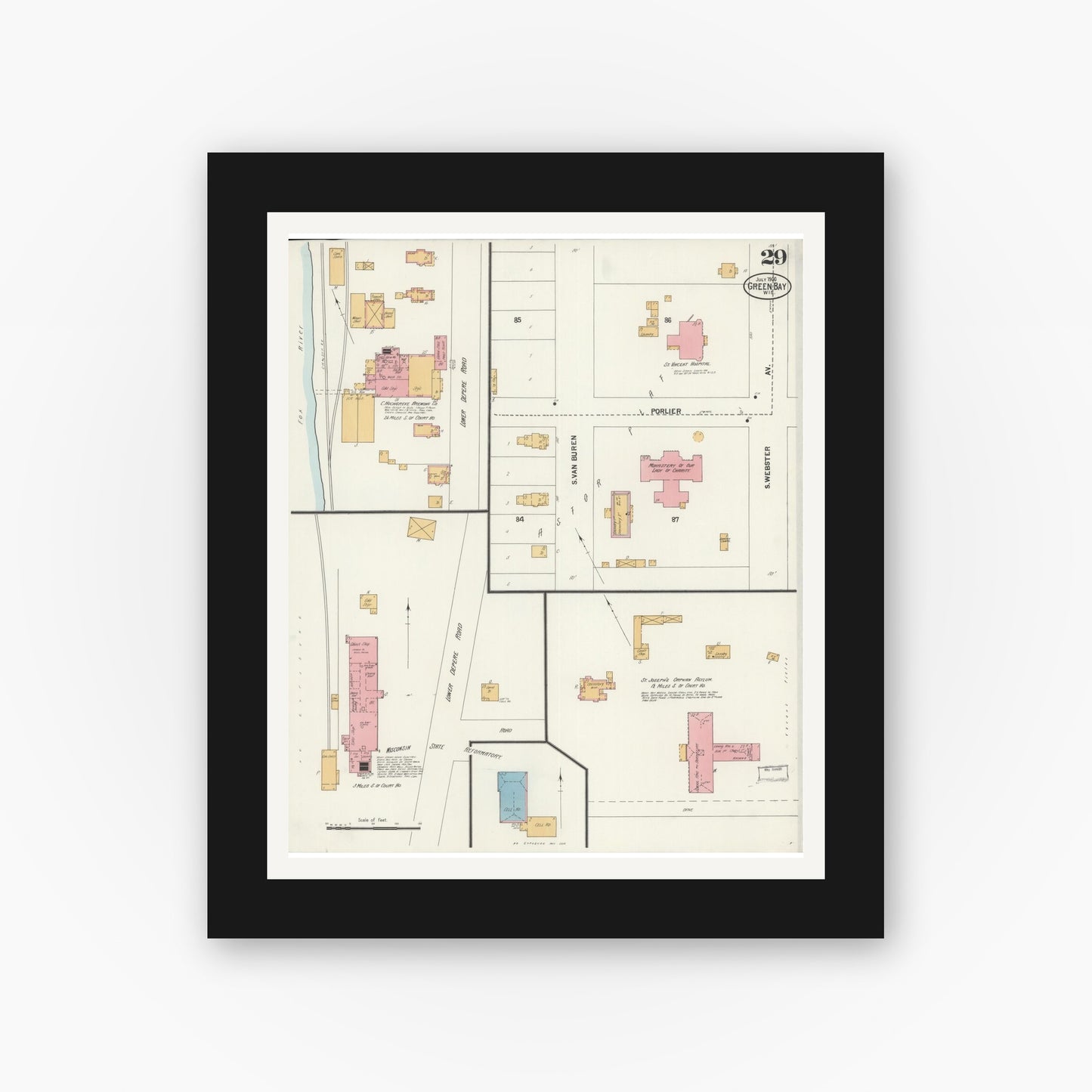 Old map wall art mockup — black gallery frame with white mat — Sanborn Fire Insurance Map from Green Bay, Brown County, Wisconsin (1900), Sheet #0029