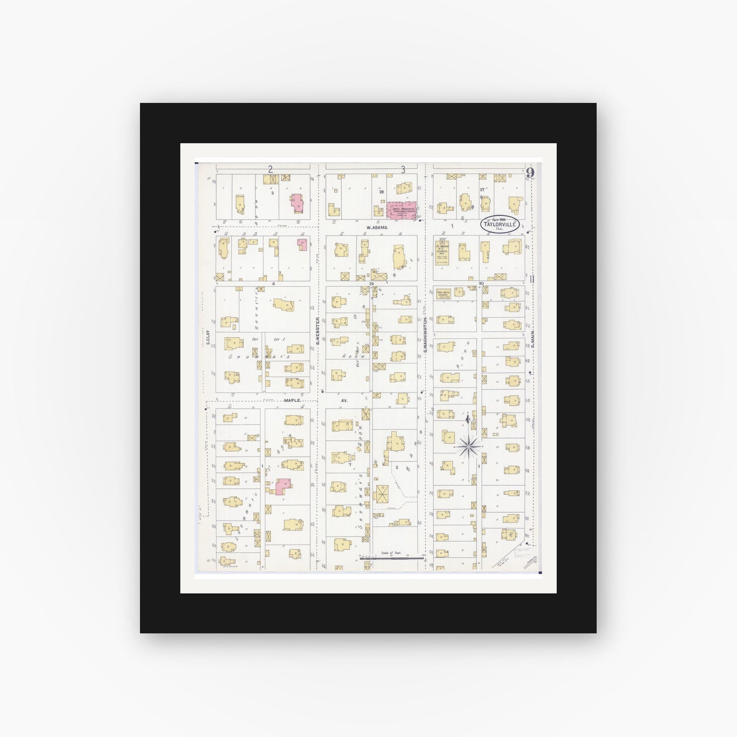 Old map wall art mockup — black gallery frame with white mat — Sanborn Fire Insurance Map from Taylorville, Christian County, Illinois (1906), Sheet #0009