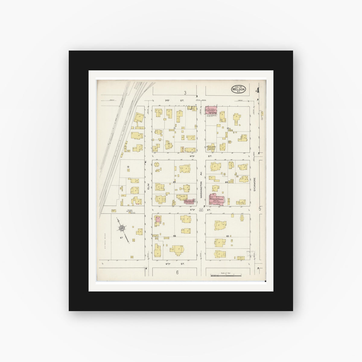 Old map wall art mockup — black gallery frame with white mat — Sanborn Fire Insurance Map from Weldon, Halifax County, North Carolina (1915), Sheet #0004