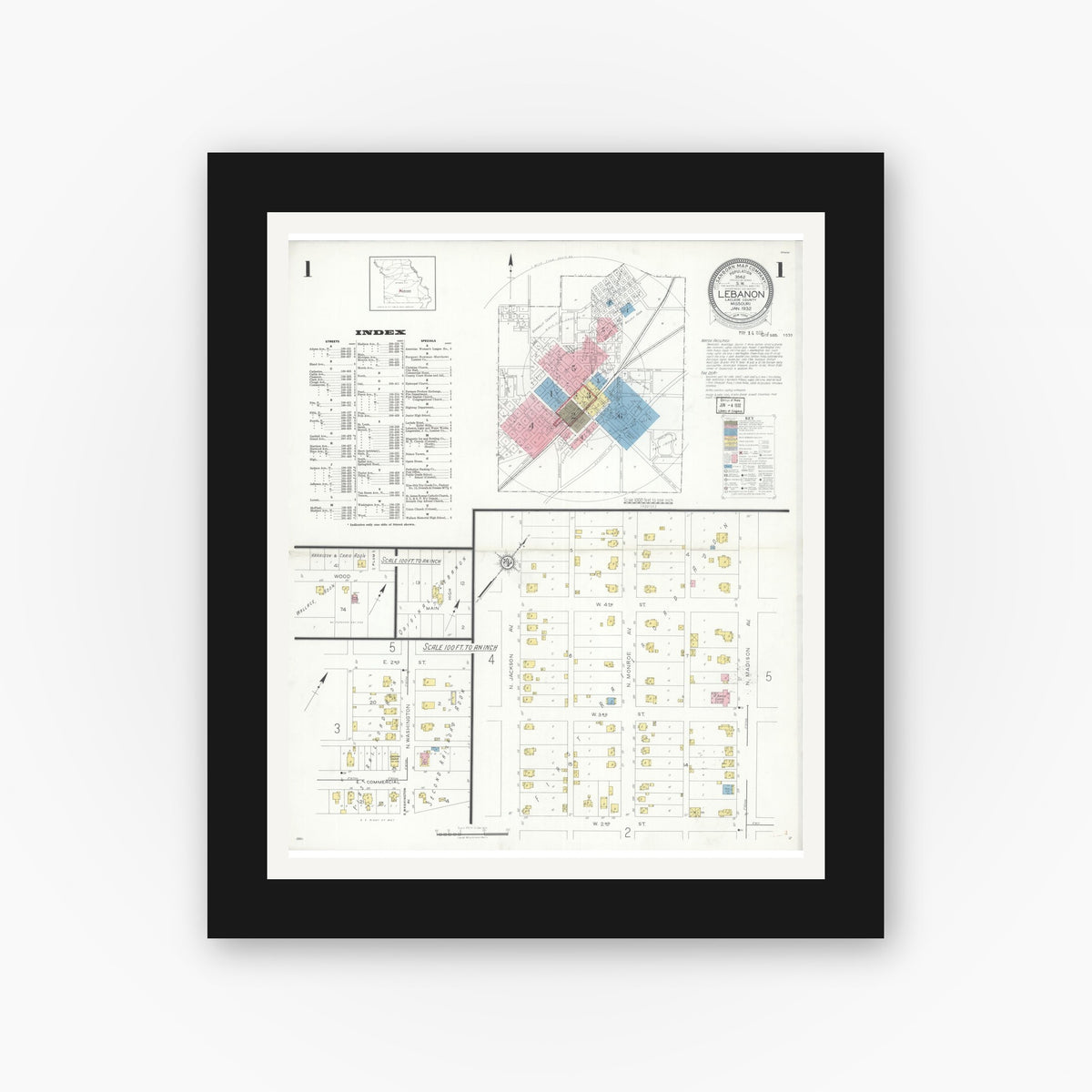 Old map wall art mockup — black gallery frame with white mat — Sanborn Fire Insurance Map from Lebanon, Laclede County, Missouri (1932) - Complete Map Set