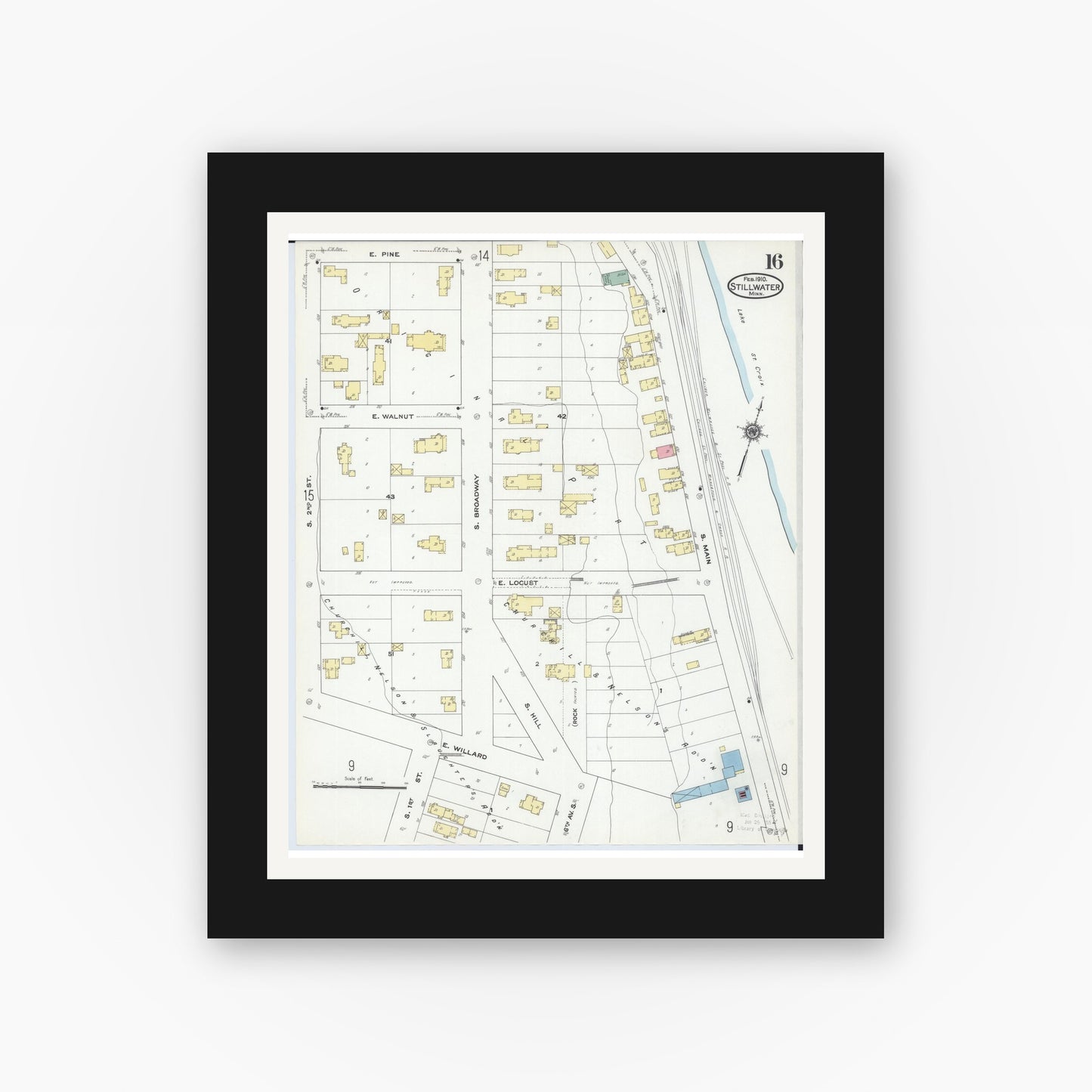 Old map wall art mockup — black gallery frame with white mat — Sanborn Fire Insurance Map from Stillwater, Washington County, Minnesota (1910), Sheet #0016