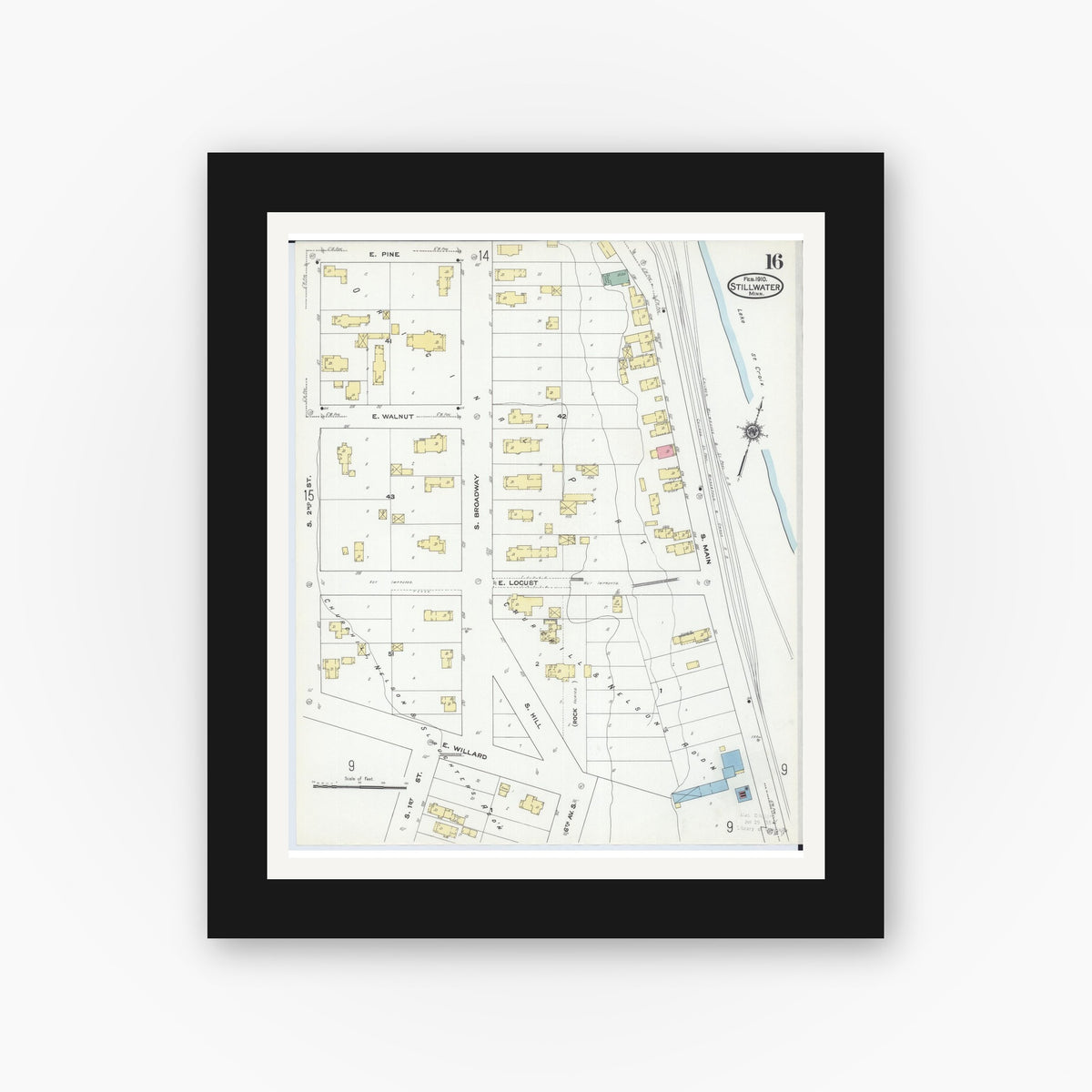 Old map wall art mockup — black gallery frame with white mat — Sanborn Fire Insurance Map from Stillwater, Washington County, Minnesota (1910), Sheet #0016