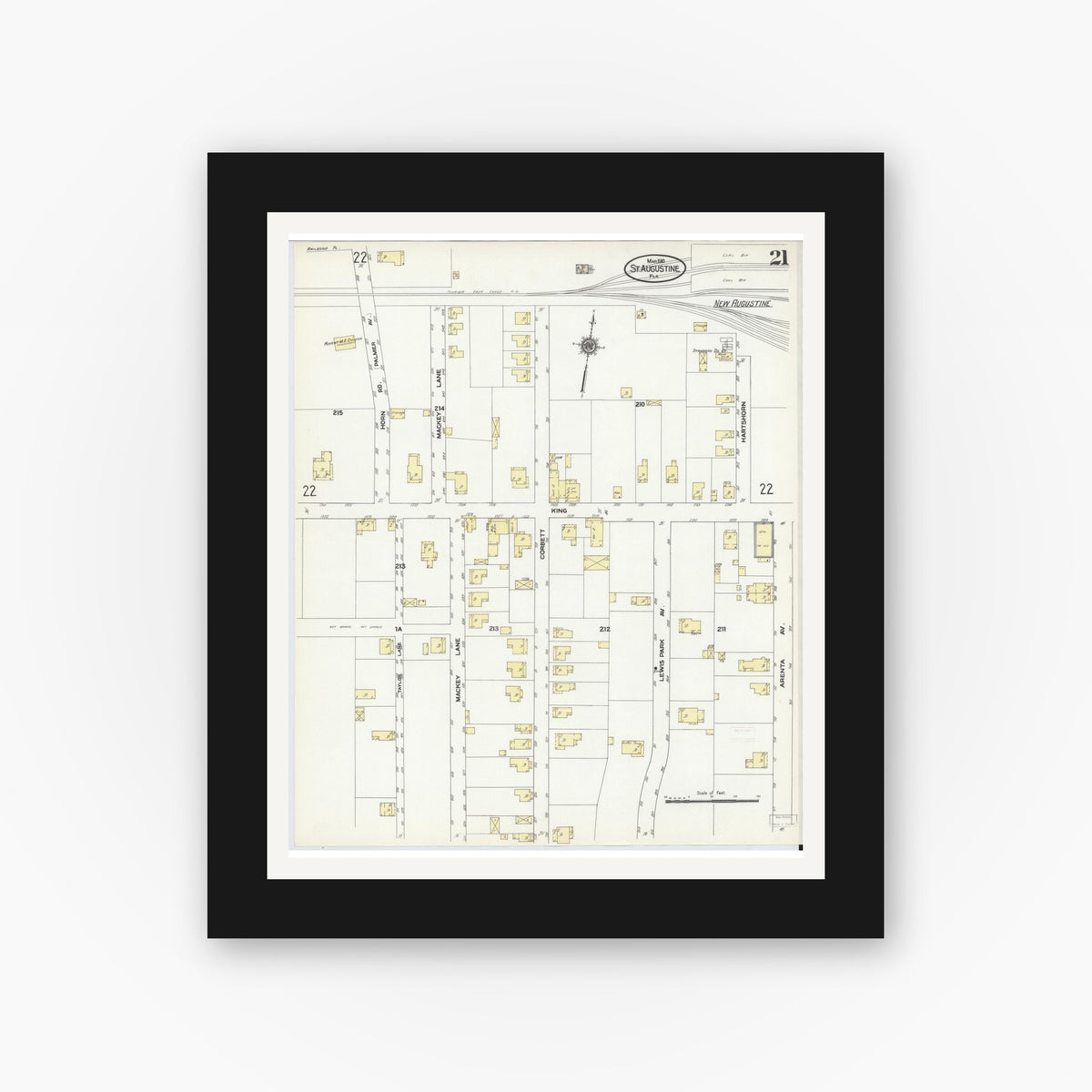 Old map wall art mockup — black gallery frame with white mat — Sanborn Fire Insurance Map from Saint Augustine, Saint John's County, Florida (1910), Sheet #0021