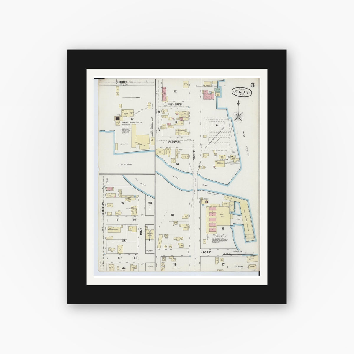 Old map wall art mockup — black gallery frame with white mat — Sanborn Fire Insurance Map from Saint Clair, Saint Clair County, Michigan (1890), Sheet #0003