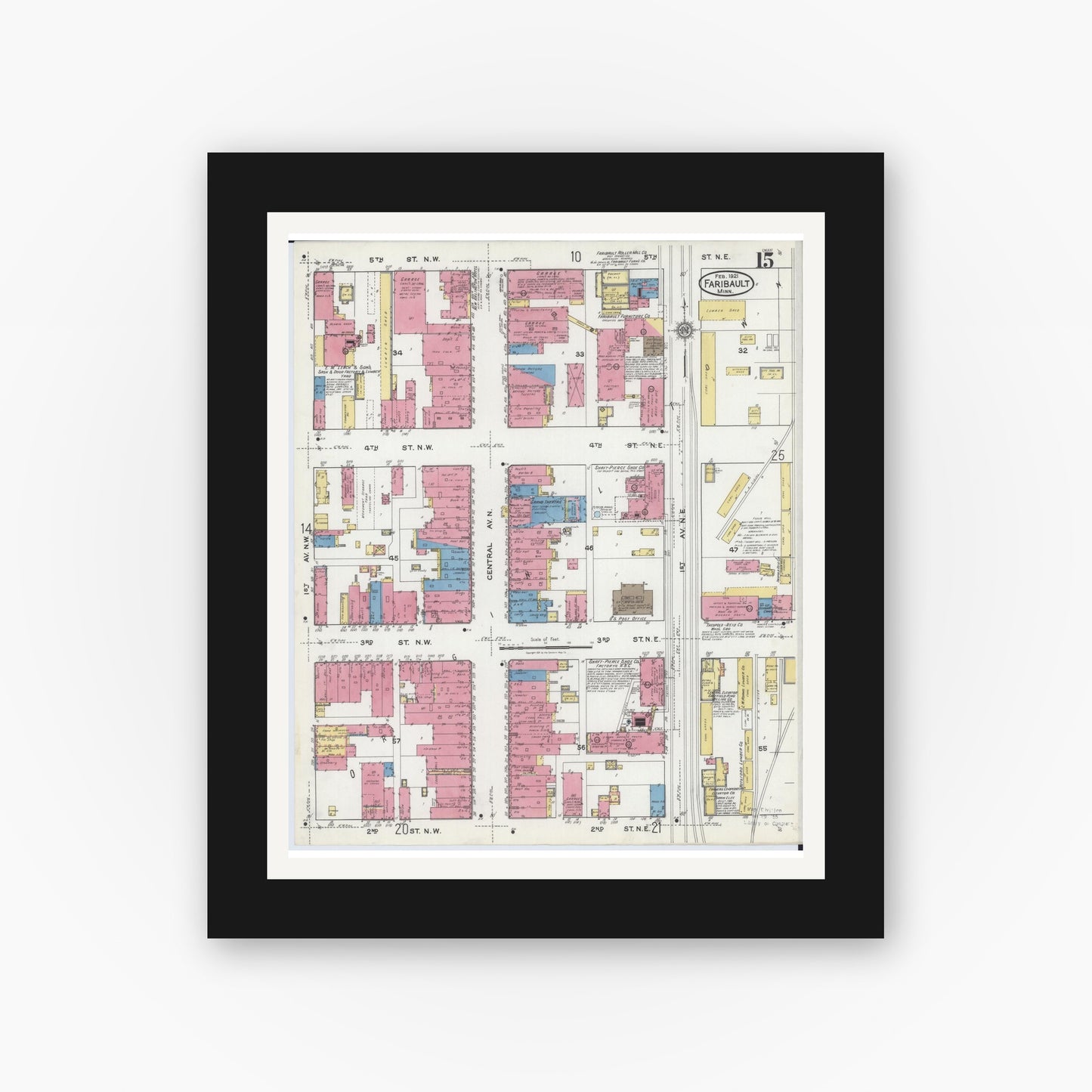 Old map wall art mockup — black gallery frame with white mat — Sanborn Fire Insurance Map from Faribault, Rice County, Minnesota (1921), Sheet #0015