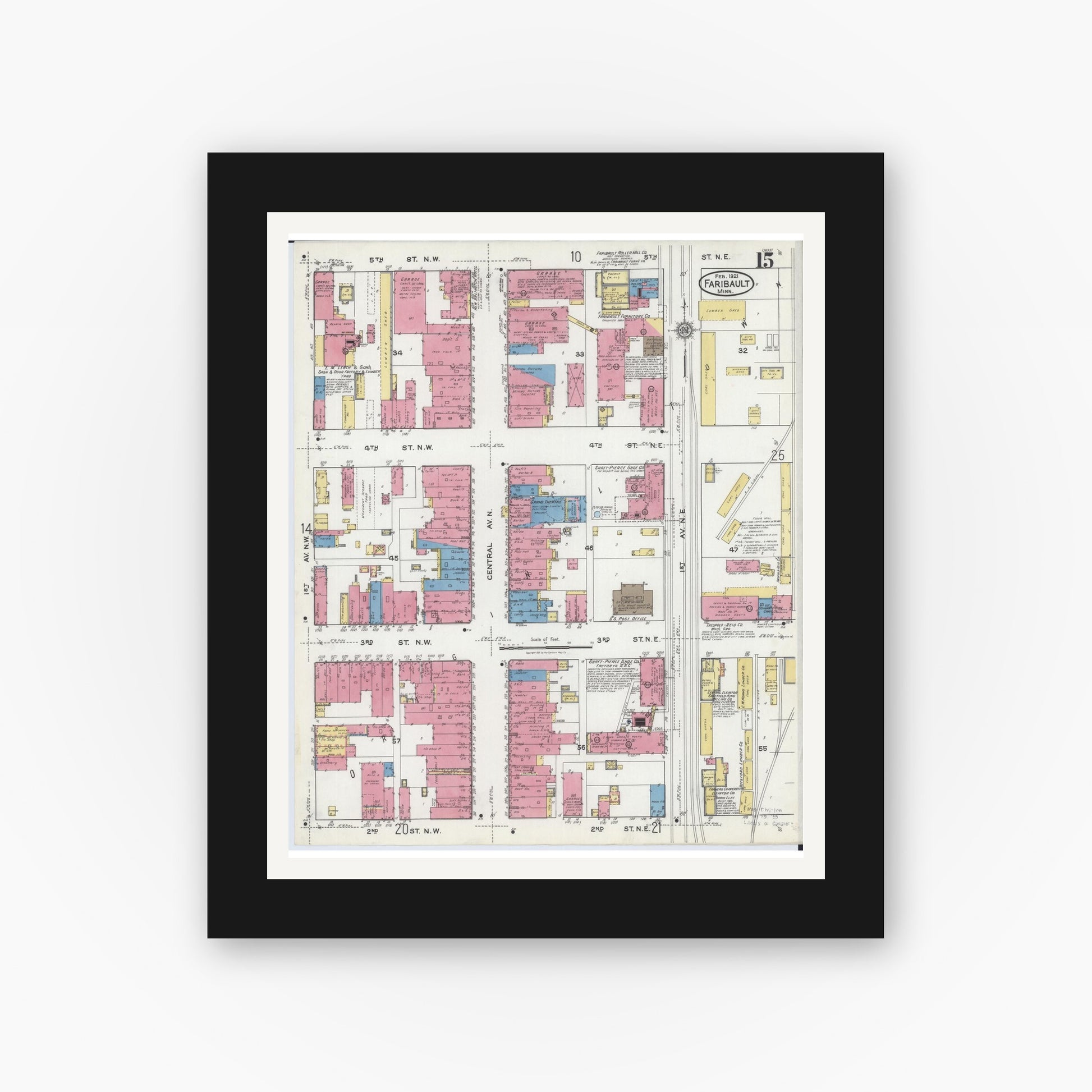 Old map wall art mockup — black gallery frame with white mat — Sanborn Fire Insurance Map from Faribault, Rice County, Minnesota (1921), Sheet #0015