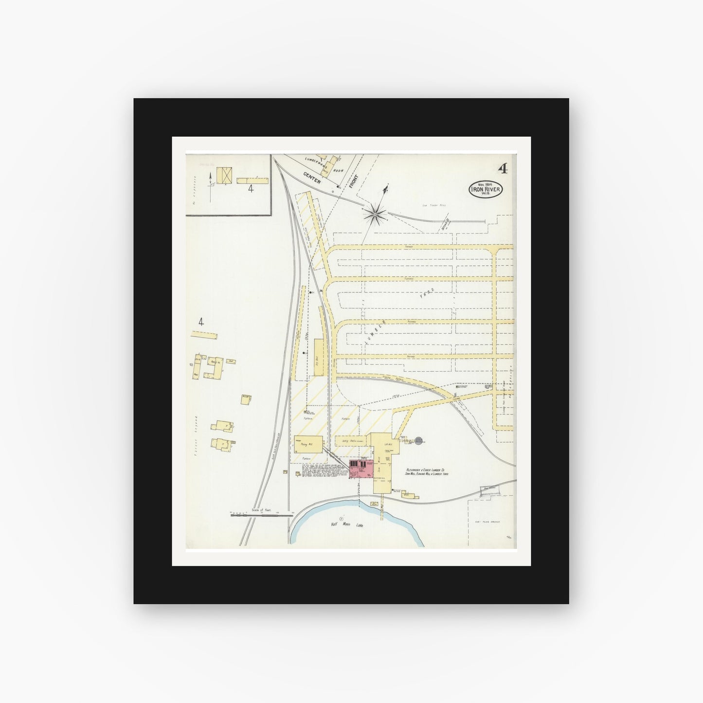 Old map wall art mockup — black gallery frame with white mat — Sanborn Fire Insurance Map from Iron River, Bayfield County, Wisconsin (1904), Sheet #0004
