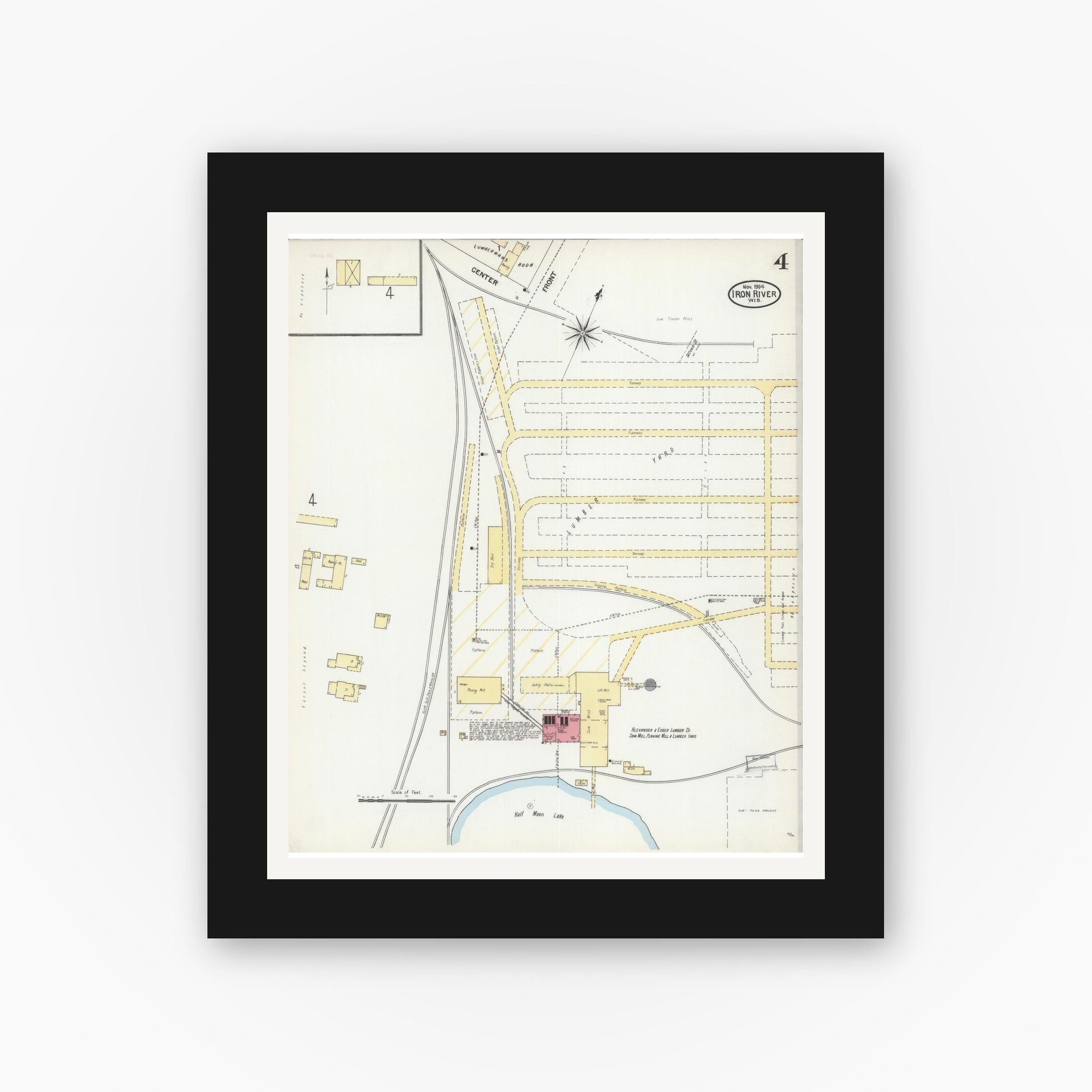 Old map wall art mockup — black gallery frame with white mat — Sanborn Fire Insurance Map from Iron River, Bayfield County, Wisconsin (1904), Sheet #0004