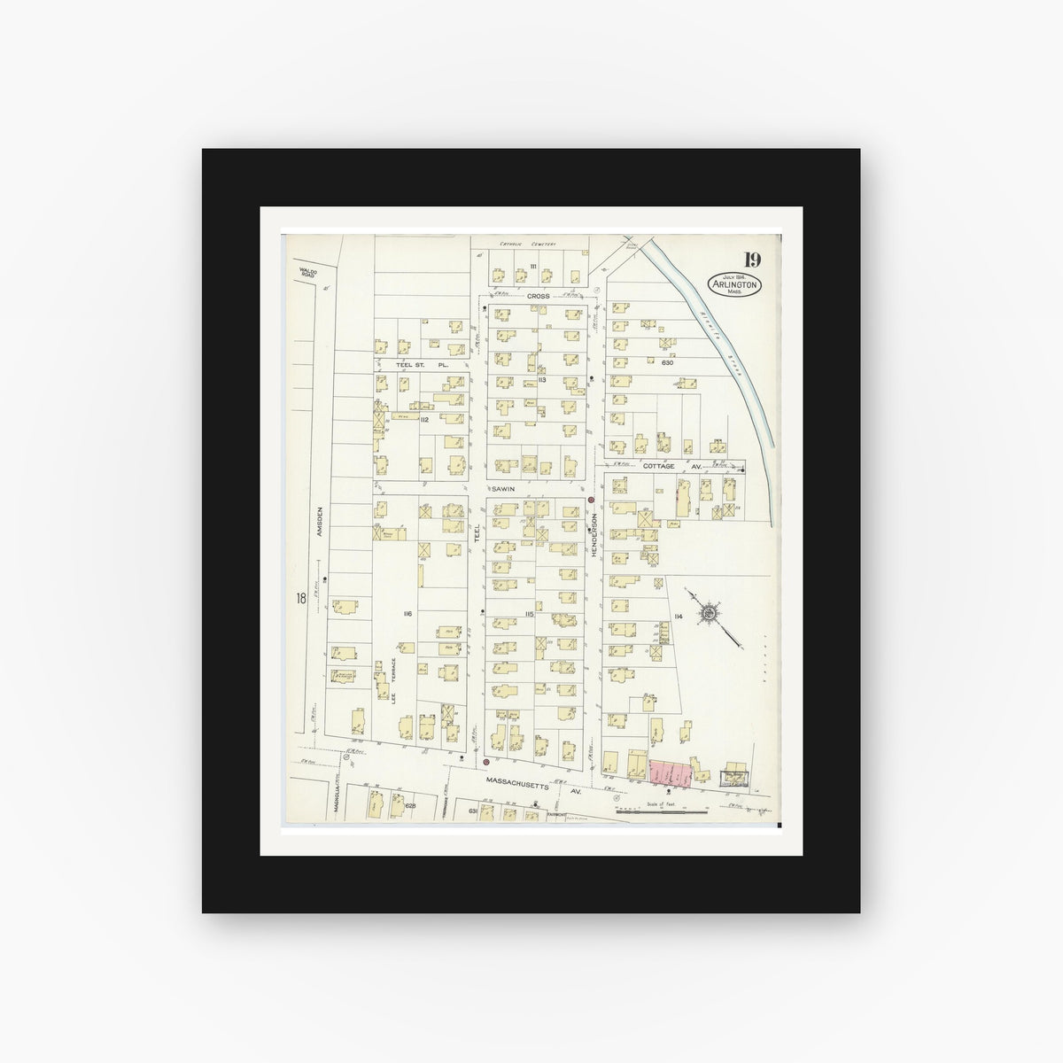 Old map wall art mockup — black gallery frame with white mat — Sanborn Fire Insurance Map from Arlington, Middlesex County, Massachusetts (1914), Sheet #0019