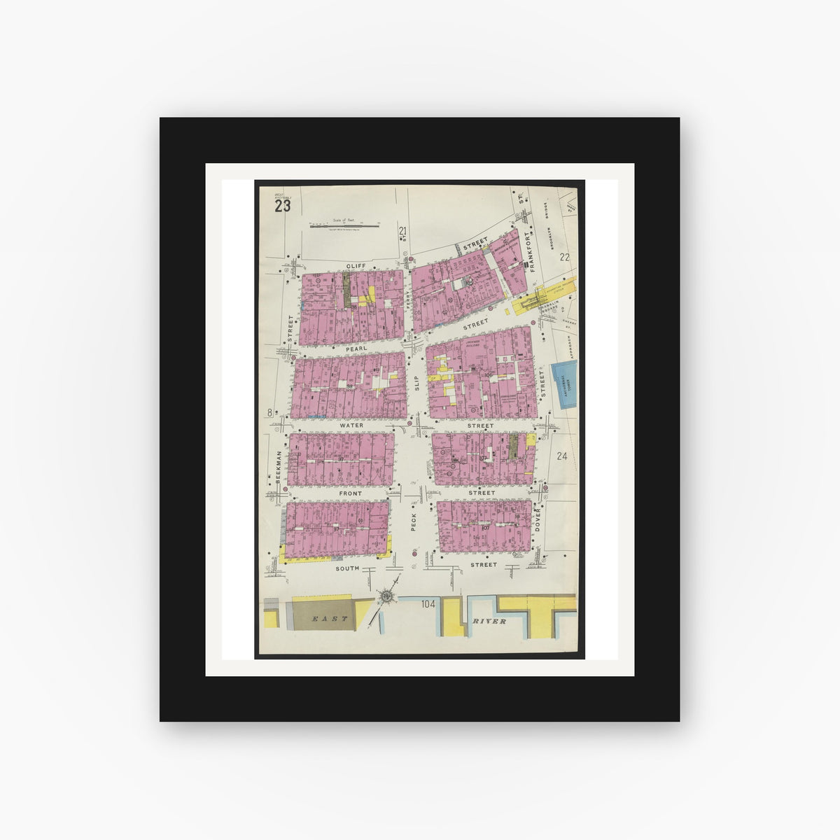 Old map wall art mockup — black gallery frame with white mat — Sanborn Fire Insurance Map from New York, Bronx, Manhattan, New York (1923), Sheet #0023