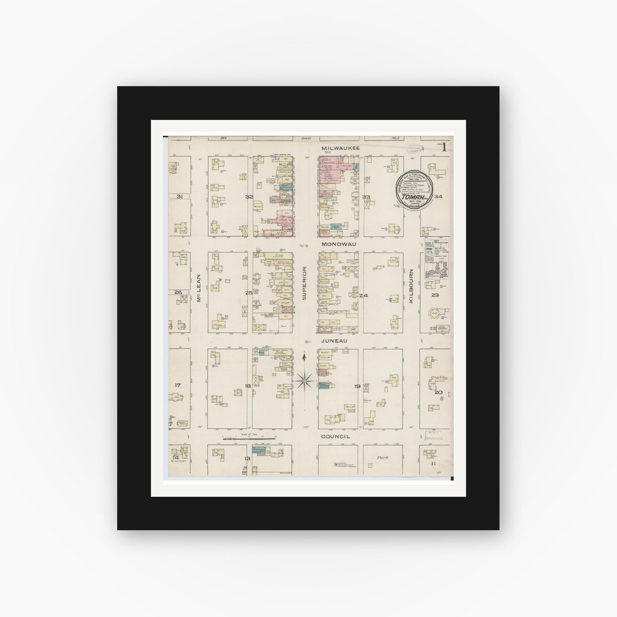 Old map wall art mockup — black gallery frame with white mat — Sanborn Fire Insurance Map from Tomah, Monroe County, Wisconsin (1885) - Complete Map Set