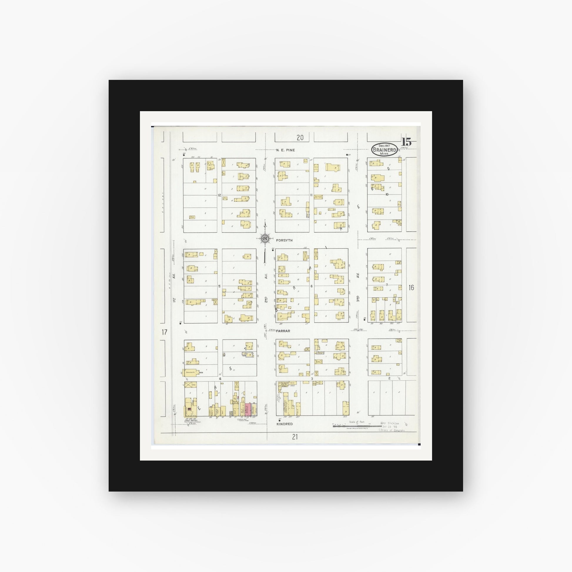 Old map wall art mockup — black gallery frame with white mat — Sanborn Fire Insurance Map from Brainerd, Crow Wing County, Minnesota (1917), Sheet #0015