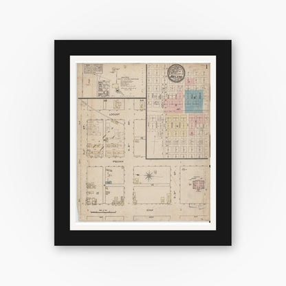 Old map wall art mockup — black gallery frame with white mat — Sanborn Fire Insurance Map from Abilene, Taylor County, Texas (1885), Sheet #0001