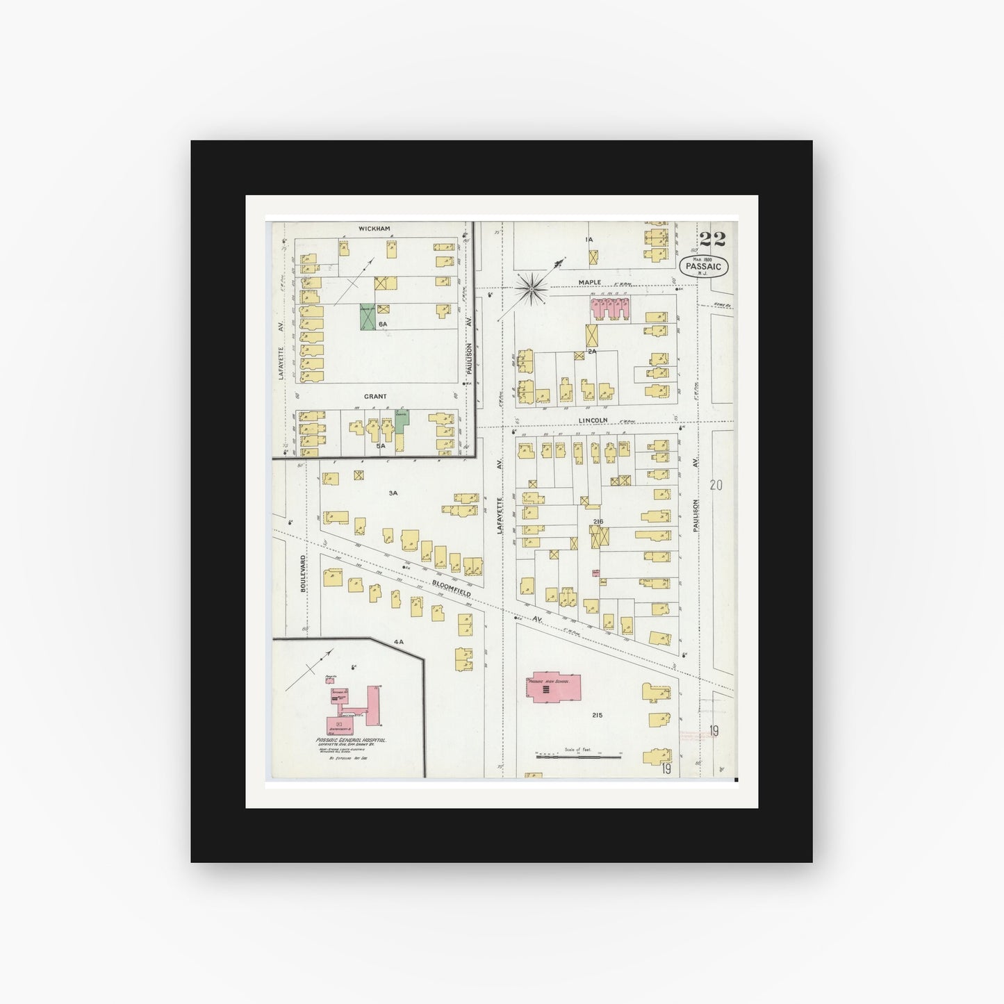 Old map wall art mockup — black gallery frame with white mat — Sanborn Fire Insurance Map from Passaic, Passaic County, New Jersey (1899), Sheet #0022