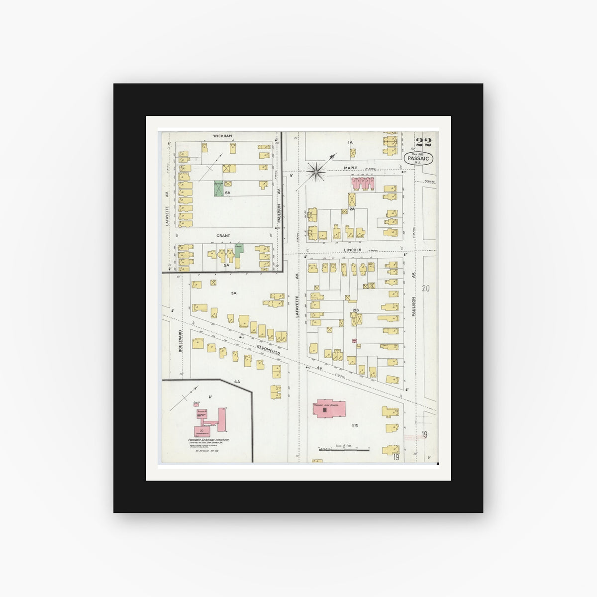 Old map wall art mockup — black gallery frame with white mat — Sanborn Fire Insurance Map from Passaic, Passaic County, New Jersey (1899), Sheet #0022