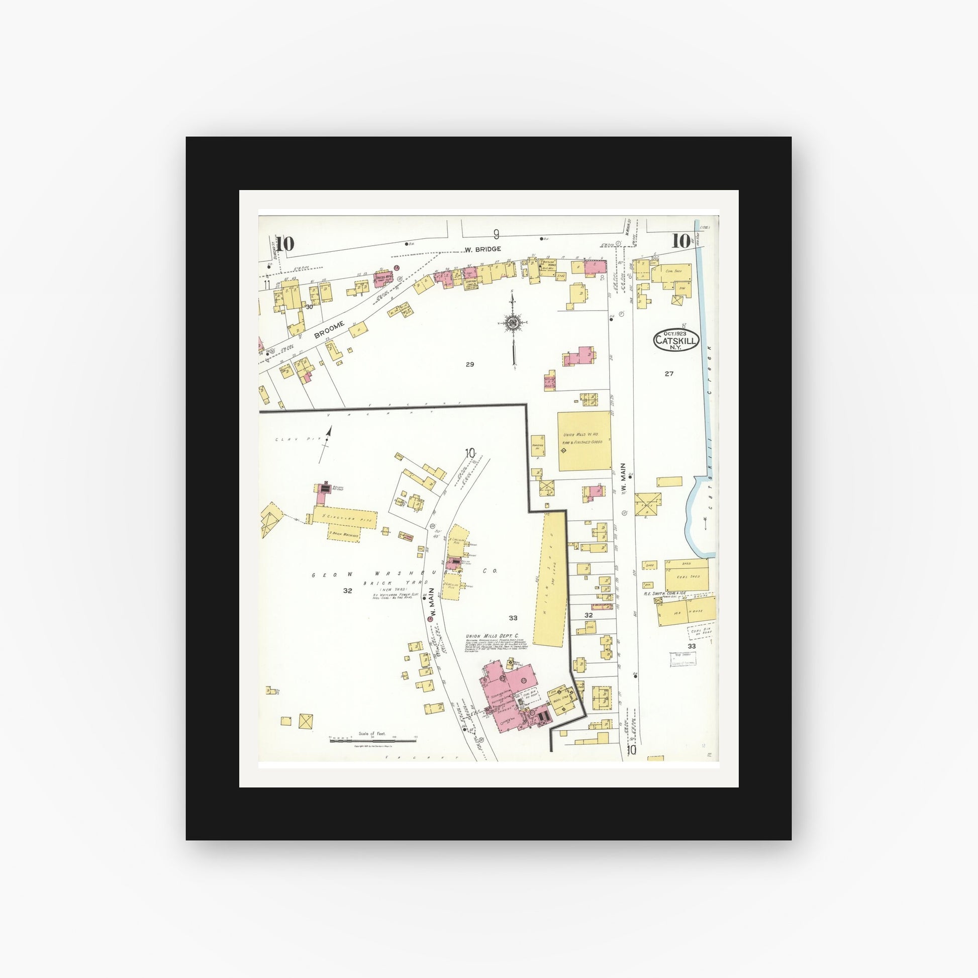 Old map wall art mockup — black gallery frame with white mat — Sanborn Fire Insurance Map from Catskill, Greene County, New York (1923), Sheet #0010