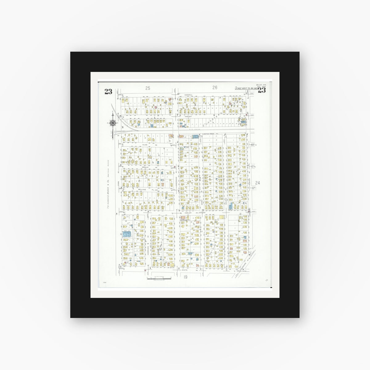 Old map wall art mockup — black gallery frame with white mat — Sanborn Fire Insurance Map from Beloit, Rock County, Wisconsin (1939), Sheet #0023