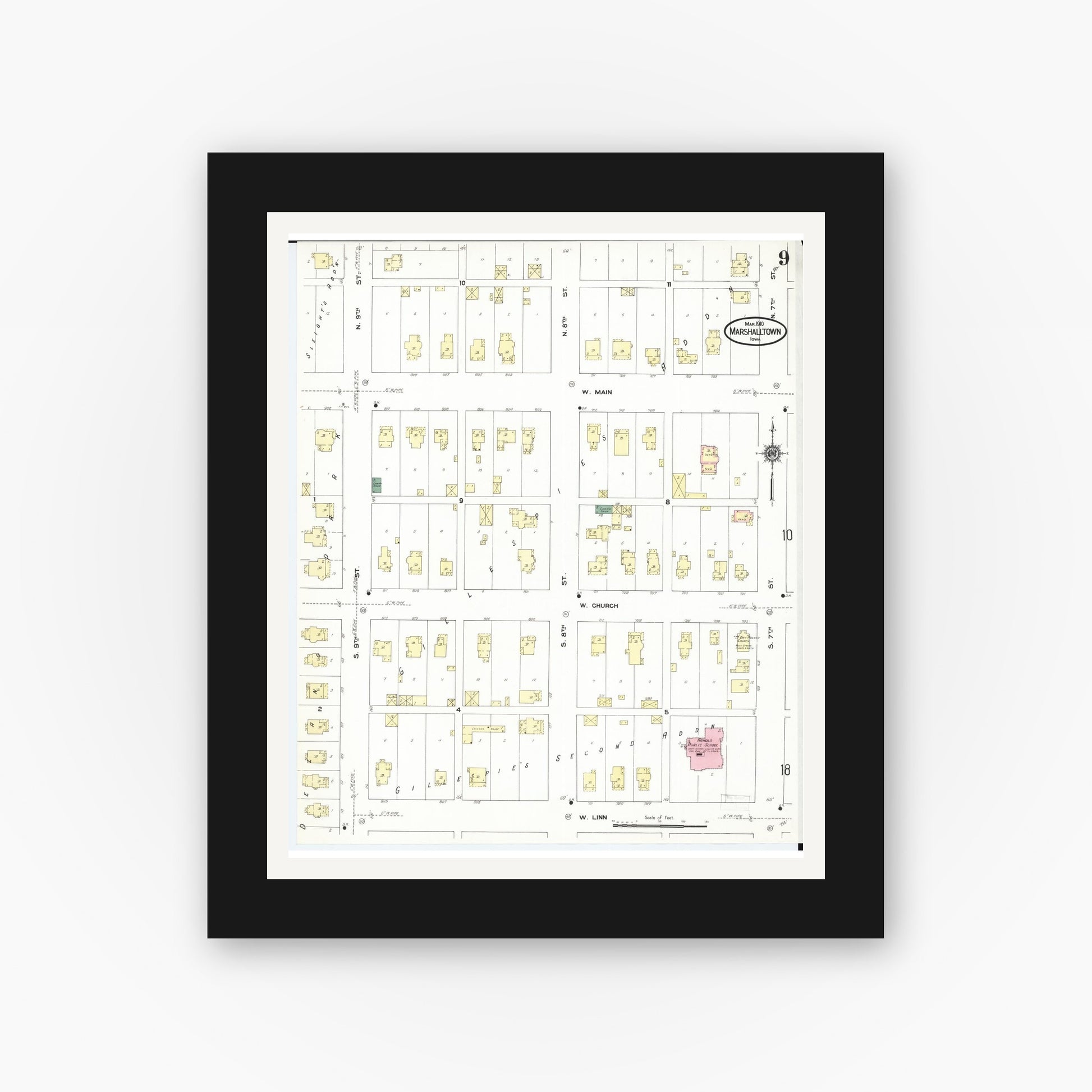 Old map wall art mockup — black gallery frame with white mat — Sanborn Fire Insurance Map from Marshalltown, Marshall County, Iowa (1910), Sheet #0009
