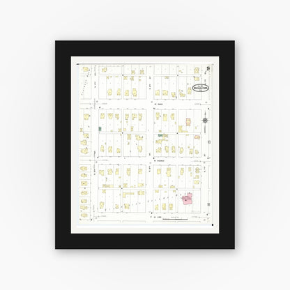 Old map wall art mockup — black gallery frame with white mat — Sanborn Fire Insurance Map from Marshalltown, Marshall County, Iowa (1910), Sheet #0009