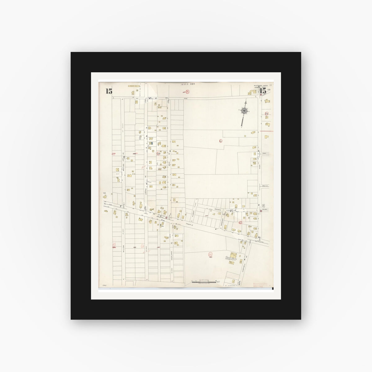 Old map wall art mockup — black gallery frame with white mat — Sanborn Fire Insurance Map from Whitman, Plymouth County, Massachusetts (1950), Sheet #0015