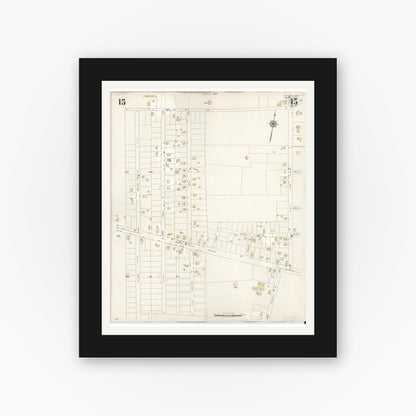 Old map wall art mockup — black gallery frame with white mat — Sanborn Fire Insurance Map from Whitman, Plymouth County, Massachusetts (1950), Sheet #0015