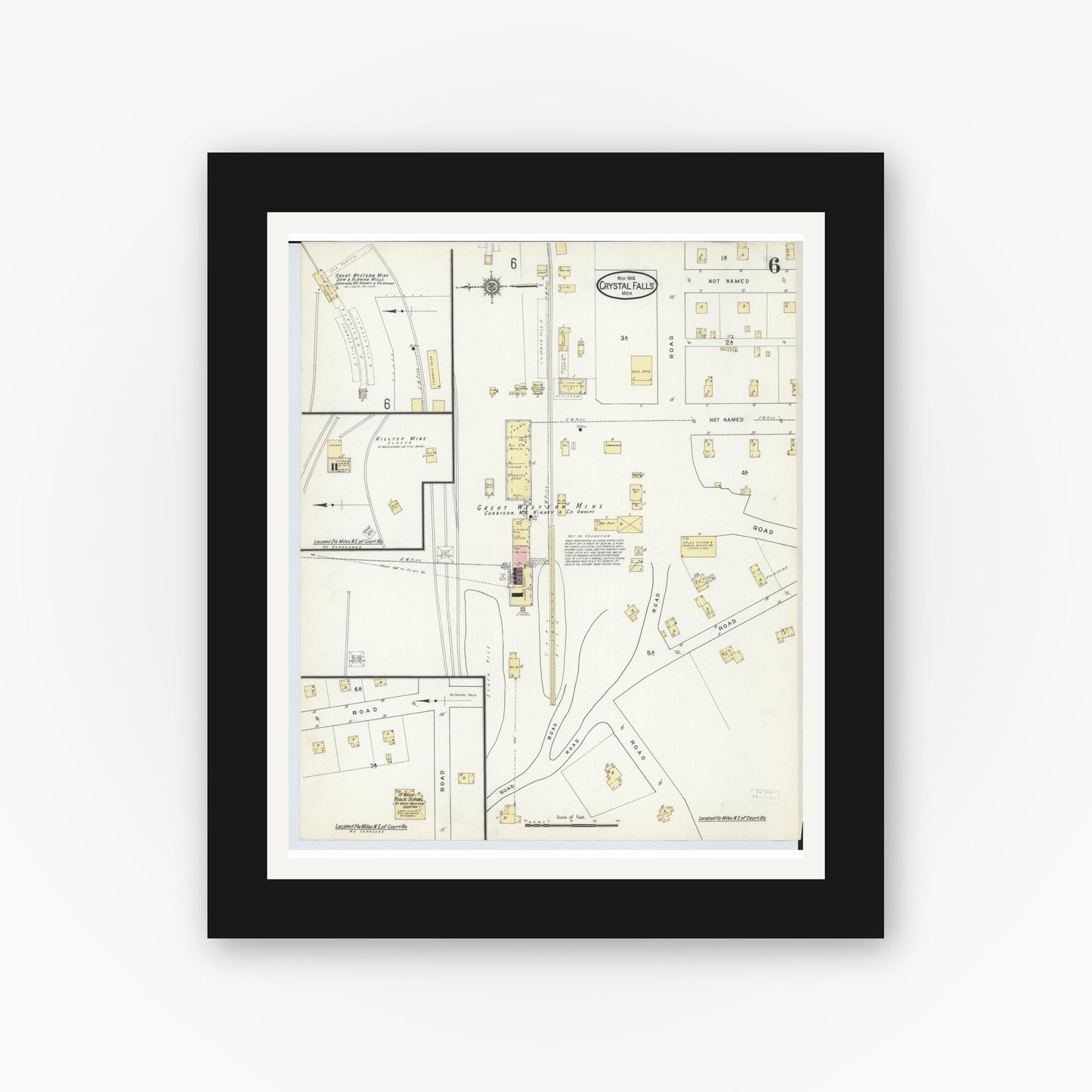 Old map wall art mockup — black gallery frame with white mat — Sanborn Fire Insurance Map from Crystal Falls, Iron County, Michigan (1914), Sheet #0006