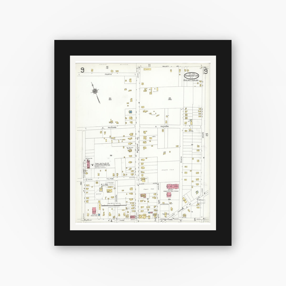 Old map wall art mockup — black gallery frame with white mat — Sanborn Fire Insurance Map from Hammonton, Atlantic County, New Jersey (1923), Sheet #0009