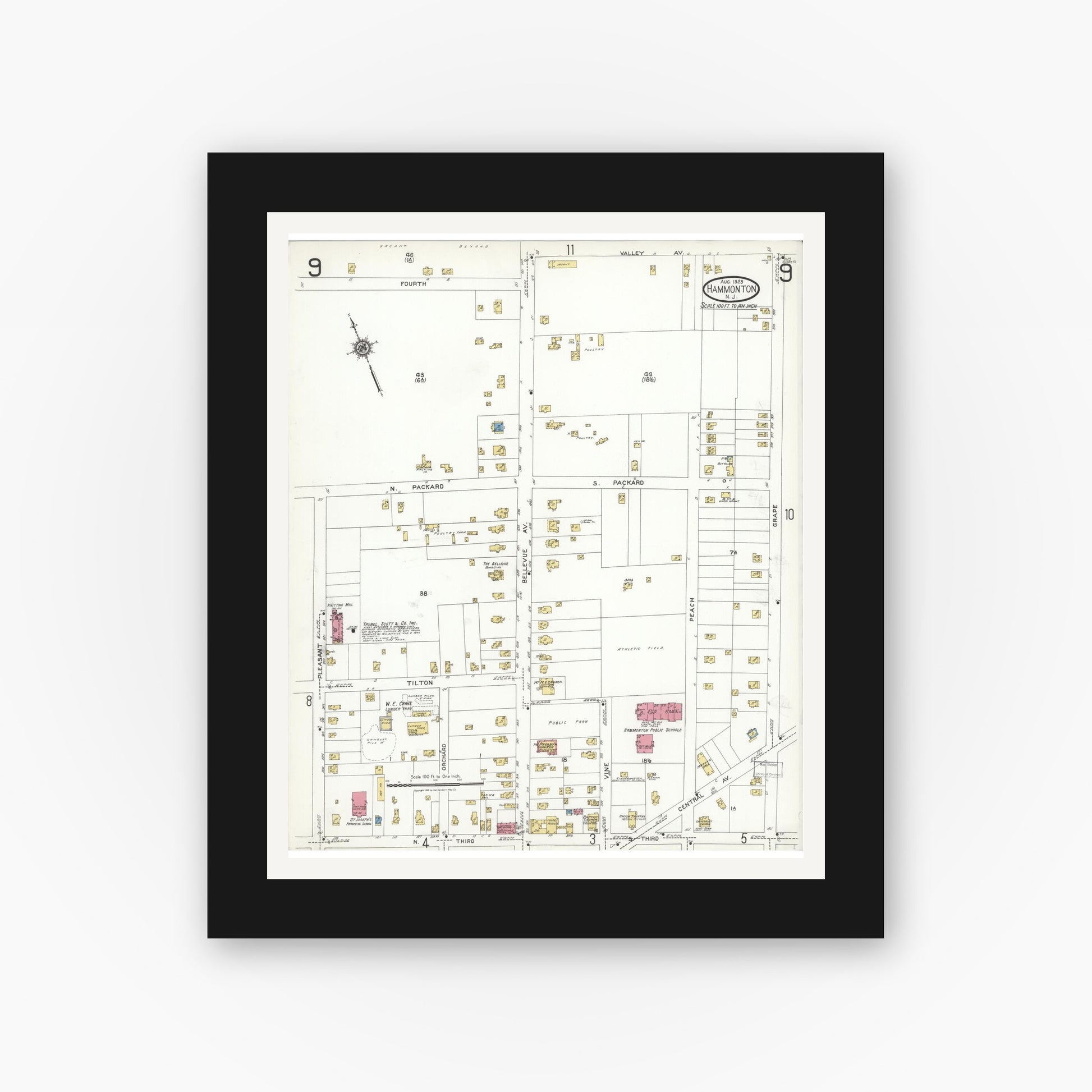 Old map wall art mockup — black gallery frame with white mat — Sanborn Fire Insurance Map from Hammonton, Atlantic County, New Jersey (1923), Sheet #0009