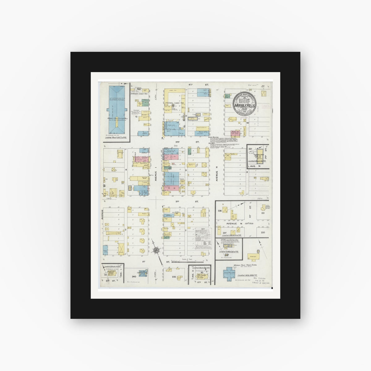 Old map wall art mockup — black gallery frame with white mat — Sanborn Fire Insurance Map from Marble Falls, Burnet County, Texas (1910), Sheet #0001