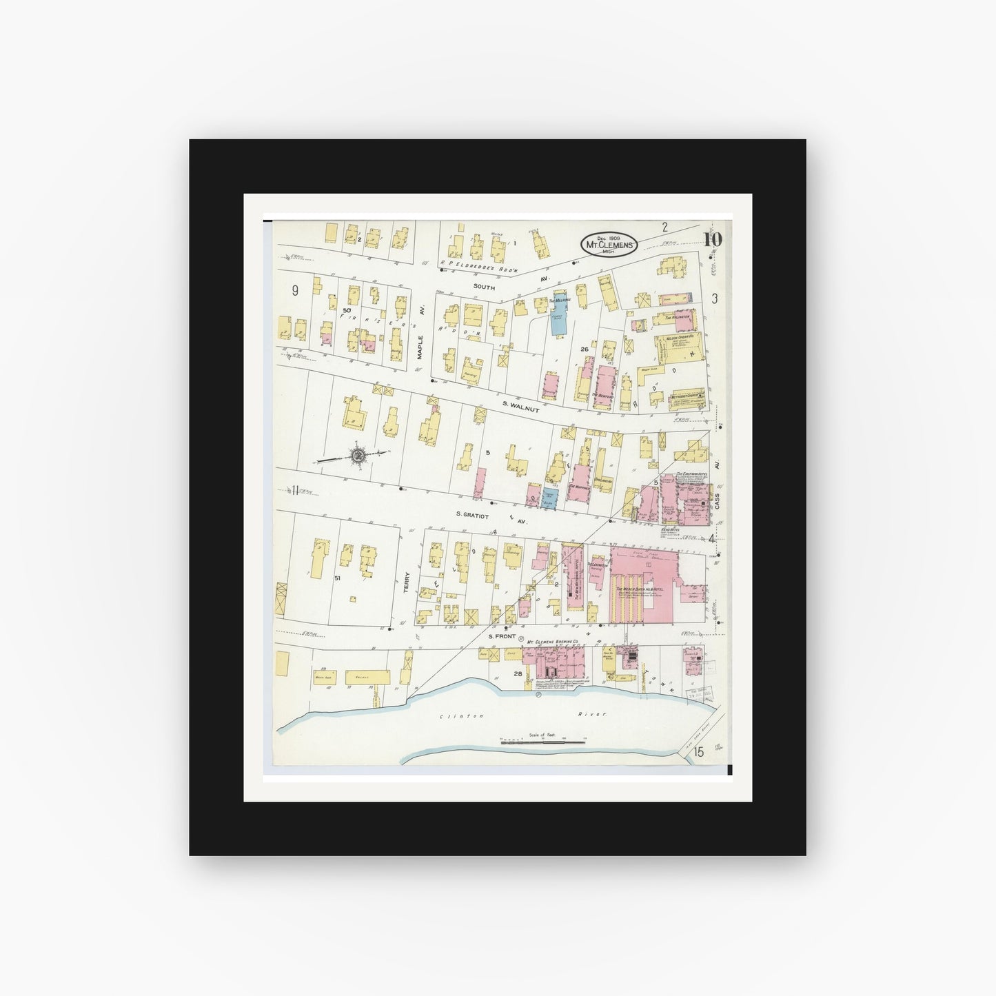 Old map wall art mockup — black gallery frame with white mat — Sanborn Fire Insurance Map from Mount Clemens, Macomb County, Michigan (1909), Sheet #0010