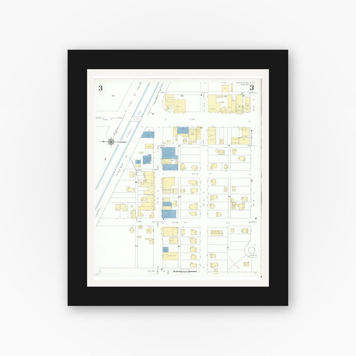 Old map wall art mockup — black gallery frame with white mat — Sanborn Fire Insurance Map from Belle Glade, Palm Beach County, Florida (1942), Sheet #0003