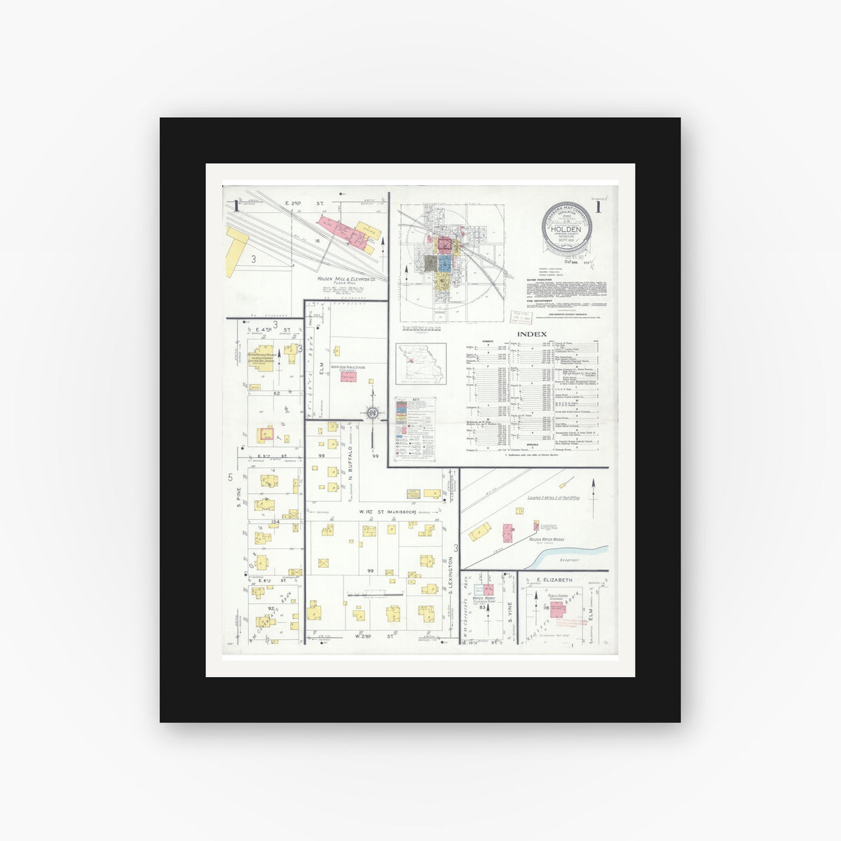 Old map wall art mockup — black gallery frame with white mat — Sanborn Fire Insurance Map from Holden, Johnson County, Missouri (1931) - Complete Map Set