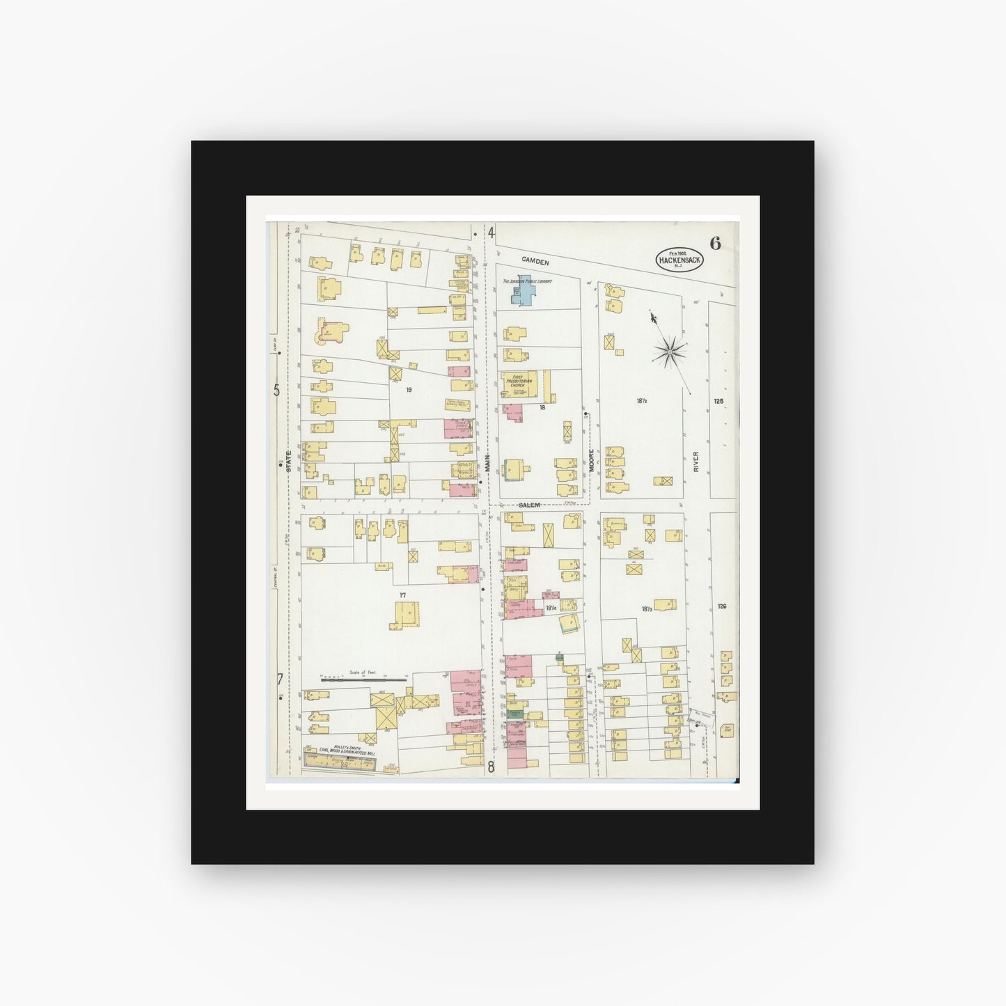 Old map wall art mockup — black gallery frame with white mat — Sanborn Fire Insurance Map from Hackensack, Bergen County, New Jersey (1902), Sheet #0006