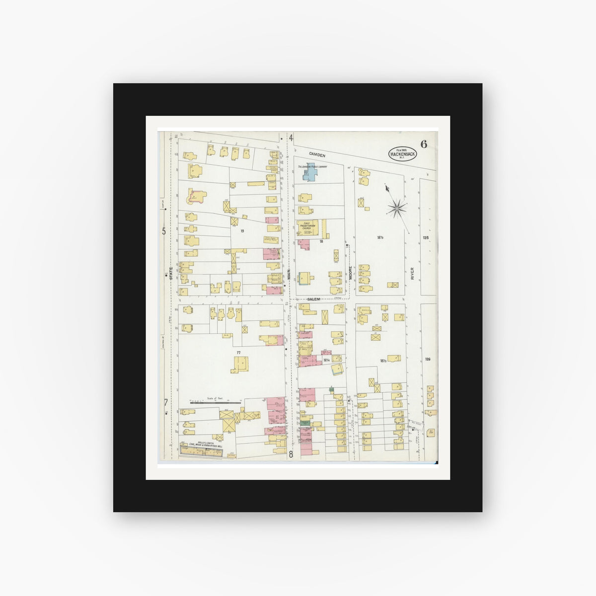 Old map wall art mockup — black gallery frame with white mat — Sanborn Fire Insurance Map from Hackensack, Bergen County, New Jersey (1902), Sheet #0006