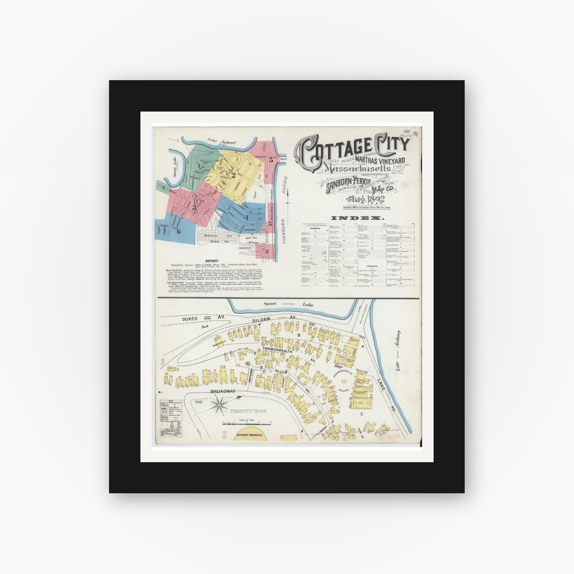 Old map wall art mockup — black gallery frame with white mat — Sanborn Fire Insurance Map from Cottage City, Dukes County, Massachusetts (1892), Sheet #0001