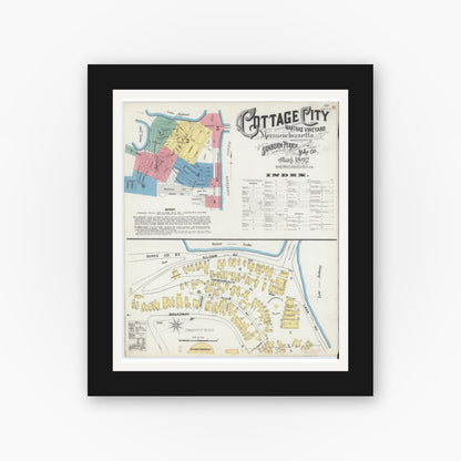 Old map wall art mockup — black gallery frame with white mat — Sanborn Fire Insurance Map from Cottage City, Dukes County, Massachusetts (1892), Sheet #0001
