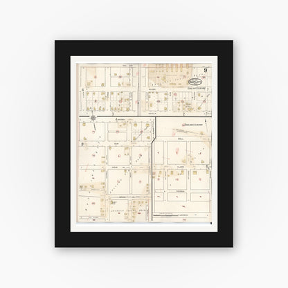 Old map wall art mockup — black gallery frame with white mat — Sanborn Fire Insurance Map from Bartlett, Bell and Williamson Counties, Texas (1940), Sheet #0009