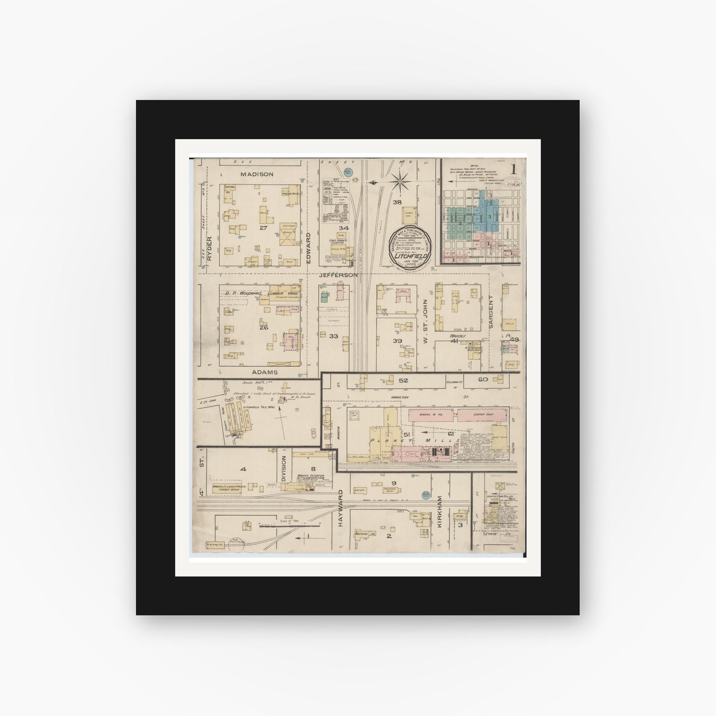 Old map wall art mockup — black gallery frame with white mat — Sanborn Fire Insurance Map from Litchfield, Montgomery County, Illinois (1886), Sheet #0001