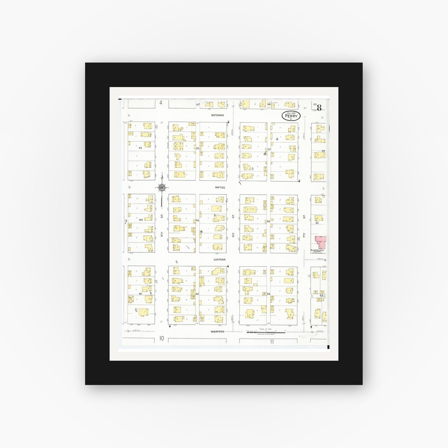 Old map wall art mockup — black gallery frame with white mat — Sanborn Fire Insurance Map from Perry, Dallas County, Iowa (1918), Sheet #0008