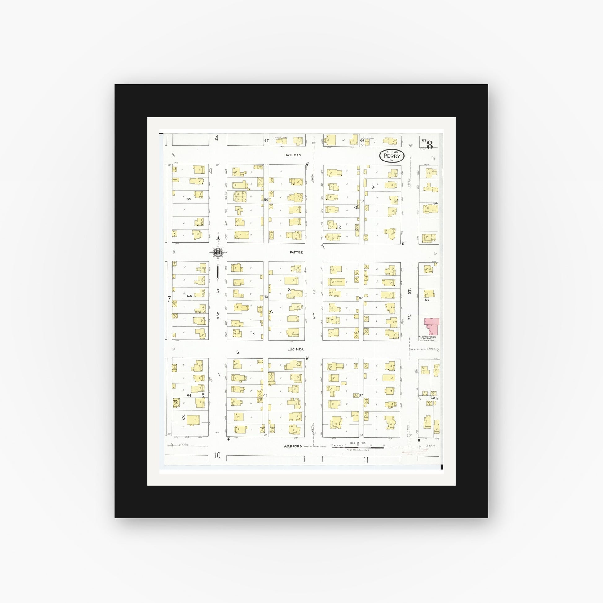 Old map wall art mockup — black gallery frame with white mat — Sanborn Fire Insurance Map from Perry, Dallas County, Iowa (1918), Sheet #0008